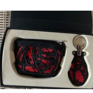Renzo Costa Leather Gift Set Coin Purse & Key Fob Boxed Black Red Laser Cut Peru